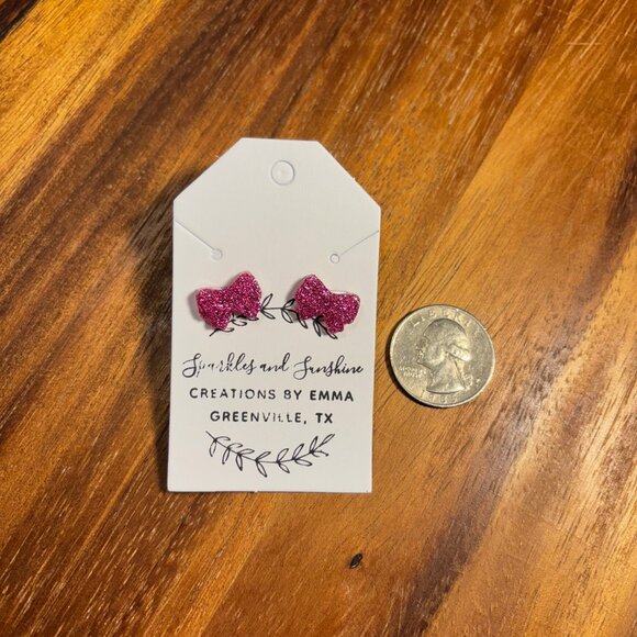 Sparkly Pink Bow Stud Earrings - Picture 1 of 1